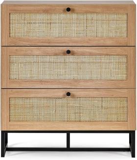 Julian Bowen Padstow Kommode mit 3 Schubladen, Eiche, Melamin mit Rattanfront und Metallsockel, Oak, 3 drawer