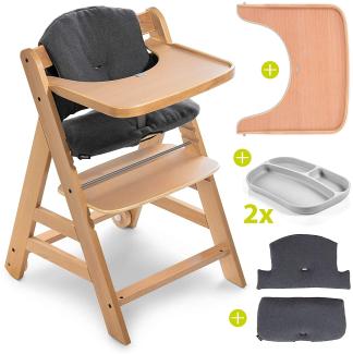 Hauck Hochstuhl Set Alpha Plus Move inkl. Essbrett, Sitzkissen und 2x Babyteller Silikon - mitwachsender Holz Babystuhl / Kinderhochstuhl mit Rollen, Gurt und Tisch - Natur Dunkelgrau