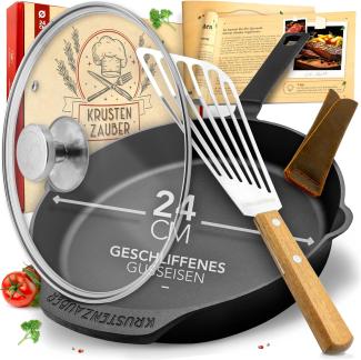 Krustenzauber Bratpfanne Gusseisenpfanne Induktion - Fein Geschliffene Gusseisen Pfanne, (Ideale Grillpfanne Induktion, Eisenpfanne, Cast Iron Pan, Bratpfanne, Gusseiserne Pfanne Skillet Gusspfann)