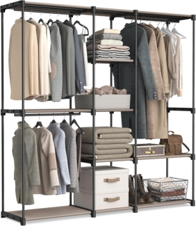 SONGMICS Kleiderschrank, Kleiderständer, freistehende Garderobe, mit Kleiderstangen, Garderobenständer, Stoffablagen, Metallrahmen, 182 x 43 x 182 cm, Taupe RYGDE037R02