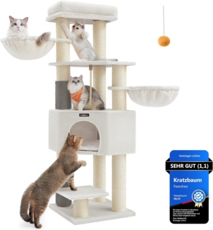 Feandrea Kratzbaum, mit selbstwärmenden Decken, für große Katze, Katzenbaum, 2 Katzenbürsten, 11,1 cm d Dicke Stämme, große Plattformen, Höhle, 50 x 50 x 160 cm, cremeweiß-beige PCT003W02