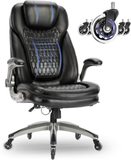 COLAMY Hochlehner Chefsessel aus Leder, Ergonomischer Bürostuhl mit Flip-up-Armlehnen & höhenverstellbar - Office Chair mit leisen Rollen für Homeoffice und Büro-Schwarz