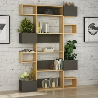 Dmora - Bücherregal Thetis, Büroregal, Mobiler Buchhalter, Bücherbrett, 120x20h171 cm, Eiche und Anthrazit