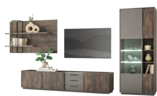 Wohnwand Piano in Eiche und grau 3-teilig 390 cm