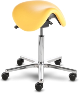 Sattelhocker docy® dent 4616, Sitzhöhe ca. 55 - 75 cm, mit Sitzneigeverstellung, Rollen/Bodengleiter:weiche Radbandage, Polsterdekor:Stamskin gold-gelb