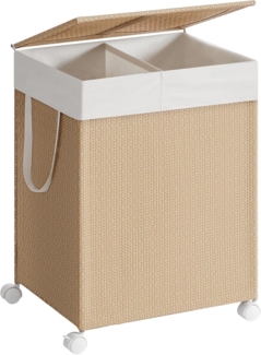 SONGMICS HOME Wäschekorb 2 Fächer, Wäschesammler 100 L, Wäschesortierer auf Rollen, mit Deckel, Wäschesack mit Griffen, Rattan-Optik, für Waschküche Badezimmer, naturbeige-mattweiß LCBDE601N01