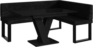 MEBLINI Eckbank für Esszimmer mit ausziehbarem Tisch - Küchenbank - Essecke - Sitzecke Küche - PETER - U-Beine 128x168x87cm Rechts - Schwarz Samt/M Schwarz Hochgl.