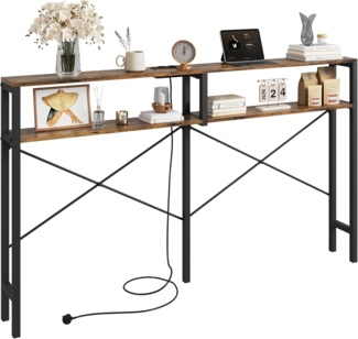 IRONCK Konsolentisch mit Ladestation, schmaler Sofatisch, 180cm Flurtisch mit 2 Ablagen, Type-C & USB Anschlüsse, 2 AC Steckdosen, Eingangstisch, Beistelltisch für Wohnzimmer, Dunkelbraun