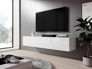 Furnix TV Kommode Zibo Fernsehschrank B160 x H34 x T34 cm - TV-Schrank hängender Lowboard Sideboard, 2 Ablagen mit Klappen, max. Belastung bis 30 kg, Wandmontage, Glänzend Weiß