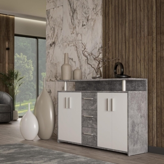 Forte SINCRONO Sideboard 130, modernes Sideboard mit Ablage-Aufsatz, 4-türig, 3 Schubladen, Wohnzimmer, Flur, Holzwerkstoff, Weiß mit Betonoptik, 132 cm breit x 88,5 cm hoch x 34,8 cm tief