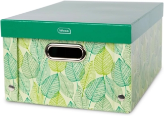 Idena 11195 - Aufbewahrungsbox mit Deckel und Metallgriffen, Aufbewahrungskorb aus festem Karton, ca. 37,5 x 28 x 18 cm, Grün-gemustert