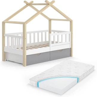 VitaliSpa Kinderbett Hausbett Einzelbett Design Weiß Grau Natur modern 70x140 cm Kinderzimmer Bett Massivholz Lattenrost Schublade Rausfallschutz Schubladenbett Matratze