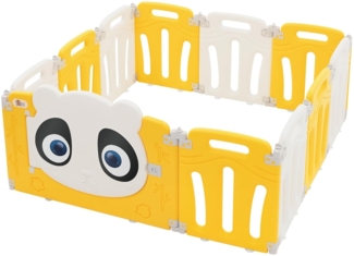 Joyz Laufstall Baby 120×120 cm, Laufgitter faltbar, Panda-Design, Weiß-Gelb, Absperrgitter mit Tür und Lernuhr, Playpen aus Kunststoff, Babyzaun, Kinderlaufstall Innen/Außen, Krabbelgitter für Kinder