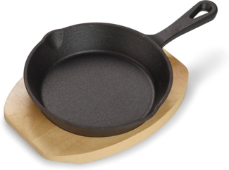 ECHTWERK Servierpfanne kleine Grillpfanne, Gusseisen (2-tlg, Servierpfännchen inklusive Servierbrett), Bereits eingebrannt, Servierbrett aus Echtholz