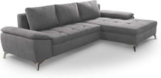 CAVADORE Schlafsofa Lina Ecksofa mit Schlaffunktion, Bettkasten, Longchair und Steppung im Sitz / 270 x 85 x 163 / Flachgewebe: Hellgrau