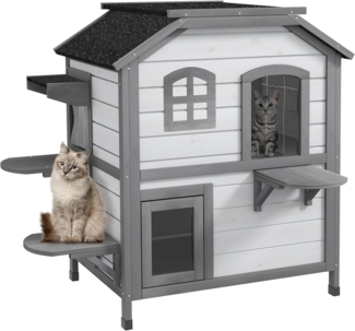 PawHut Tierhöhle Katzenhaus aus Holz, Outdoor Katzenhütte mit Treppe, 2-Etagen, für Katzen bis 4,5 kg, Weiß, 78 x 55,5 x 91 cm