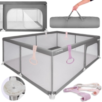 sun baby Laufstall mit rosa Griffen 150x200 cm 0-2 Jahre Grau, Polyester, Netzwände, Eingang mit Reißverschluss, rutschfeste Füße, Tragetasche im Set, Metallrahmen