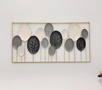 3D Wandbild "Blätter" aus Metall in schwarz / weiß, 136x70 cm, Wanddeko, Wandschmuck
