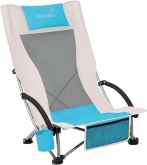 Skandika Strand Klappstuhl Beach | Bequemer Strandstuhl mit atmungsaktivem Mesh, Getränkehalter, niedrig, leicht zu transportieren, max. 136 kg | Faltbarer Campingstuhl, Liegestuhl (beige/türkis)