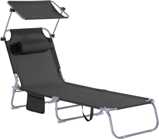 SoBuy OGS48-SCH Sonnenliege mit abnehmbarem Kopfkissen und verstellbarem Sonnendach Gartenliege mit Seitentasche Strandliege Relaxstuhl Liegestuhl klappbar Schwarz bis 150 kg belastbar
