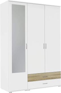 Rauch Möbel Noosa Schrank Drehtürenschrank, Weiß / Eiche Sonoma, 3-türig mit Spiegel und 2 Schubladen, inkl. Zubehörpaket Basic 1 Kleiderstange, 3 Einlegeböden BxHxT 127x188x52 cm