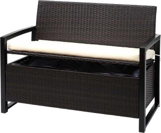 Poly-Rattan 2er Sitzbank HWC-F39, Gartenbank Truhenbank, Staufach Aufbewahrung Sitzkissen ~ braun, Kissen creme