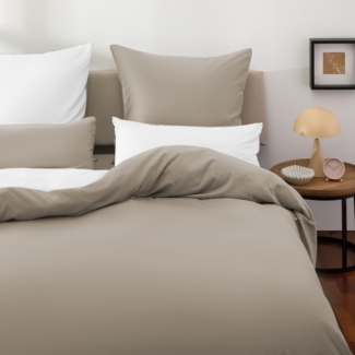 Blumtal Wendebettwäsche 155x220 - aus atmungsaktiver Mikrofaser - Bettbezug 155x220 + 2X Kissenbezüge 40x80 Oeko-Tex - weiches & bügelfreies Bettwäsche-Set, 3teilig, Taupe/Weiß