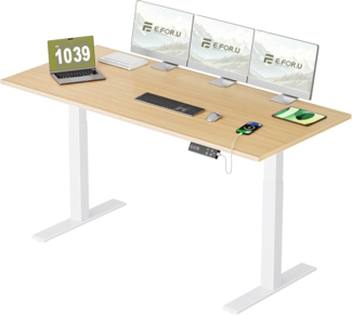 E.For.U® höhenverstellbarer Schreibtisch 180x80 cm, 2 Motoren, elektrisch höhenverstellbares Tischgestell mit 2-Fach-Teleskop, Memory-Steuerung (Weiß), DT20L mit Tischplatte (Buche)