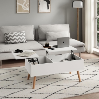 Home Collective Couchtisch Beistelltisch Wohnzimmertisch Tisch Couch höhenverstellbar (für Wohnzimmertisch, Sofatisch, mit Hebefunktion), mit verstecktem Stauraum und Holzfüßen, 100x50x41,5 cm (BxTxH), Weiß