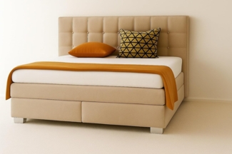 A&J MöbelLand Boxspringbett VERONA 200x200 cm mit zwei 7-Zonen-Taschenfederkernmatratzen und gepolstertem Kopfteil. Farbe: Beige