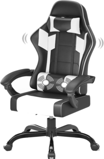 JUMMICO Massage Gaming Stuhl mit Lendenwirbelstütze, Racing Bürostühle Gaming Sessel,Schreibtischstuhl 150kg Belastbarkeit, Ergonomischer PC Stuhl, Weiß