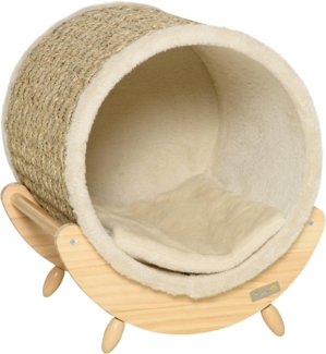 PawHut Tierbett Katzenhöhle mit Kratzfläche inkl. Kissen, Kratztonne, 41 x 38 x 43 cm, Kiefernholz Flanell Khaki+Natur+Beige 41 x 38 x 43 cm