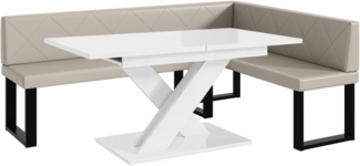 MEBLINI Eckbank für Esszimmer mit ausziehbarem Tisch - Küchenbank - Essecke - Sitzecke Küche - ERIC - U-Beine 142x196x87cm Rechts - Beige Kunstleder/B Weiß Hochgl.