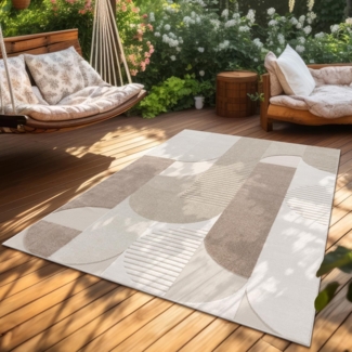 Paco Home Teppich In- & Outdoor, Moderne abstrakte Boho Designs mit 3D Struktur, robust & wetterfest, ideal für Terrasse Wohnzimmer & Küche, Grösse:160 cm Rund, Farbe:Beige 2