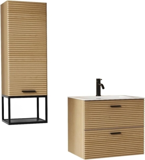 Vente-unique - Badezimmermöbel geriffelt hängend mit Einbauwaschbecken, Armatur und Hochschrank mit Nische – 2 Schubladen – Natur hell – 60 cm – SARONE