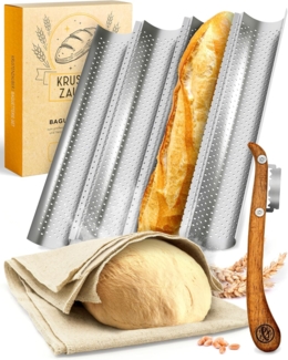 Krustenzauber Brotbackform Baguette Backform Antihaft inkl. Bäckerleinen u. Bäckermesser, (Baguette-Backblech - Ideal als Baguetteblech 4-tlg), Brotbackform, Baguetteform, Baguette Blech, Brot Backen Zubehör