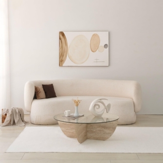 Elegant Coffee Table, 90 cm Diameter, 30 cm Height | 100% Glass Top & Melamine Coated Particle Board Base | Stylish Travertine Marble Design for Modern Living Spaces