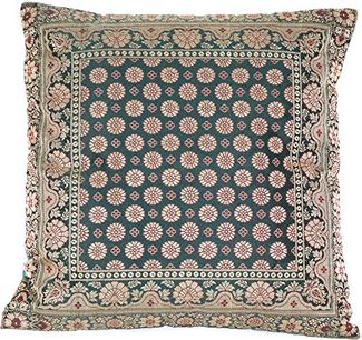 Handgewebter indischer Banarasi Seide Deko-Kissenbezug in Flaschengrün - 40 cm x 40 cm