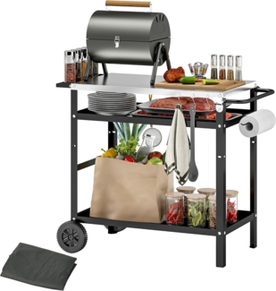Outsunny Servierwagen 3-Etagen, mit Arbeitsfläche, Griffe, Hülle, Räder, (höhenverstellbar BBQ Grilltisch, 1 St, Grillwagen aus Edelstahl), für Garten, Grill, 100 x 52 x 80 cm, Schwarz