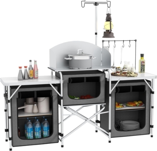 Outsunny Campingtisch klappbar, UV-Schutz, mit 3 Stofffächer (Campingschrank, 1-St, Campingküche), für Garten, Campingplatz, Grau,172x48x119cm