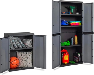 Avilia Set mit 2 Schränken aus Kunststoff mit verstellbaren Einlegeböden – Set für hohe Ebenen und Unterschrank, 65 x 37 x 165 cm und 65 x 37 x 85 cm, Schwarz und Grau