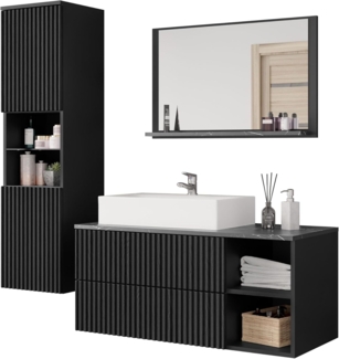 Badmöbel-Set Kormen Rillen II (Farbe: Schwarz / Schwarz Rillen + Schwarzer Marmor)