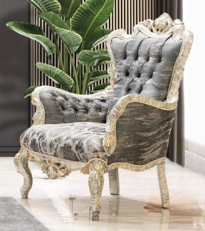 Casa Padrino Luxus Barock Sessel Grau / Antik Weiß / Gold - Prunkvoller Wohnzimmer Sessel mit elegantem Muster - Luxus Wohnzimmer Möbel im Barockstil - Barock Möbel - Barock Einrichtung