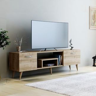 Hanah Home Stylish Walnut TV Stand, 150 x 41.6 x 29.6 cm | 100% Melamine Coated Particle Board | Ample Storage & Shelves for Modern Living Rooms