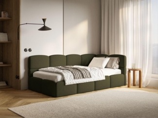 Selsey Jugendbett 90x200 cm Rechts Polsterbett mit Stauraum Gepolstertes Kopfteil Stabiler Rahmen aus Kiefer und Fichte Hochwertiger Bezug in Olivgrün Für Kinderzimmer