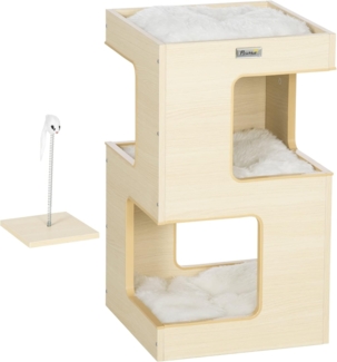 PawHut Tierhaus Katzentonne, Katzenhöhle, 2 Ebenen, inkl. Spielzeug, Eiche, 34L x 34B x 60H cm