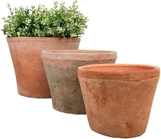 Aged Terracotta Blumen Topf 3er Set Über Um Ton rund Kräuter Pflanz Kübel Garten