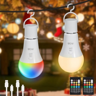 Dehobo Glühbirne Mit Fernbedienung E27 Aufladbare Glühbirne - 7W Glühbirne Mit Batterie Camping Lampe RGB Dimmbare - Akku Lampen Mit Timing Funktion für Weihnachten, Outdoor Lampe 2 Pack