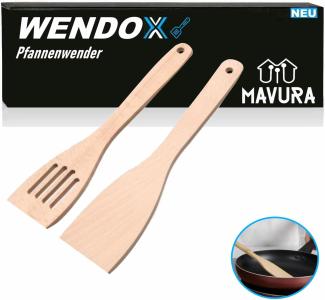 MAVURA Pfannenwender WENDOX Holz Pfannenheber Bratwender Bratenwender Holzschaber, Küchenhelfer aus feinstem Buchenholz 2er Set 30cm [mit & ohne Schlitz]