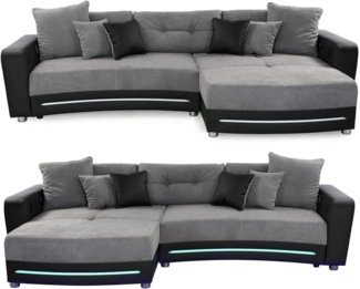 MULTIMEDIA-ECKSOFA Soundsystem RGB-LED Beleuchtung Bluetooth USB AUX-in,seitenverkehrt montierbar B322/T190/H88cm,Kunstleder Schwarz-Mikrof. Grau